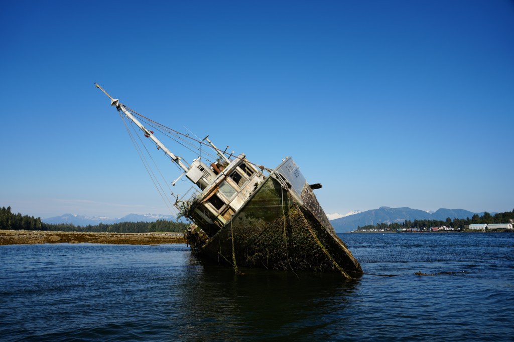 Sunken fishing trawler in Petersburg harbor