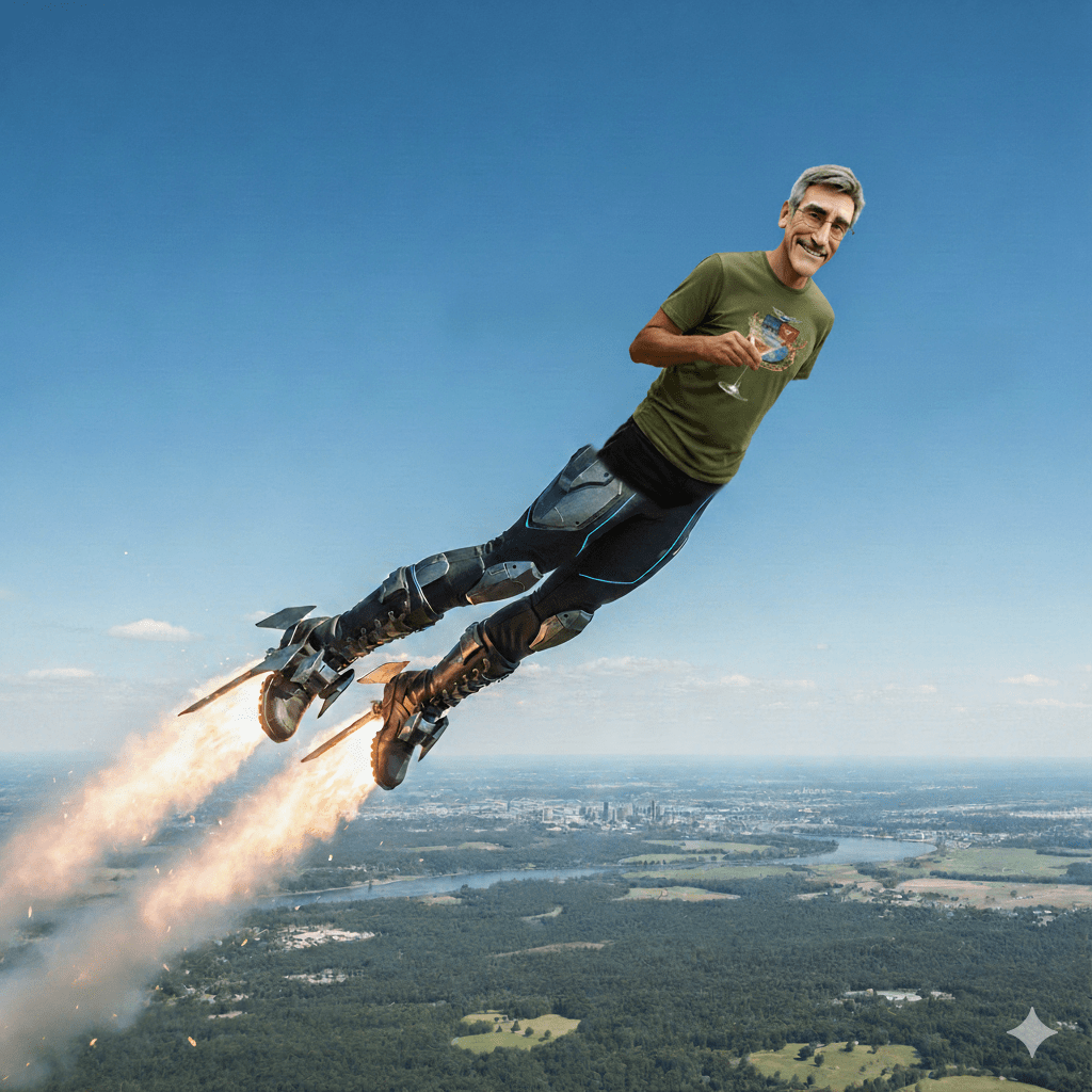 A man with a cocktail in hand is soaring into the sky using rocket boots, with a scenic landscape below. Generated by Google Gemini