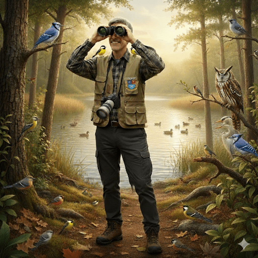 A cheerful man stands in a forest by a lake, using binoculars to observe birds. He wears a vest with a badge and holds a camera, surrounded by various bird species perched on trees and the ground. Generated with Google Gemini
