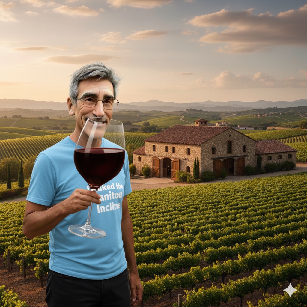 A man holding a large glass of red wine, standing in a vineyard with a rustic stone building in the background and rolling hills under a clear sky. Generated by Google Gemini