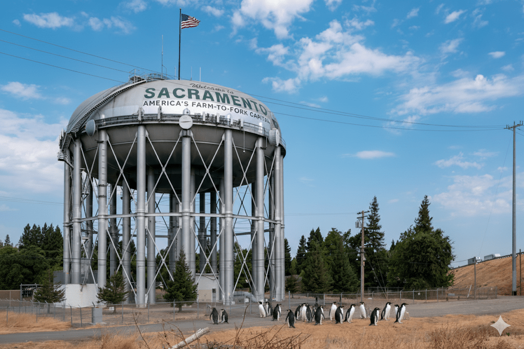 A water tower with a sign reading 'Welcome to Sacramento, America's Farm-to-Fork Capital,' surrounded by trees and a blue sky, with a group of penguins walking nearby. AI generated using Gemini