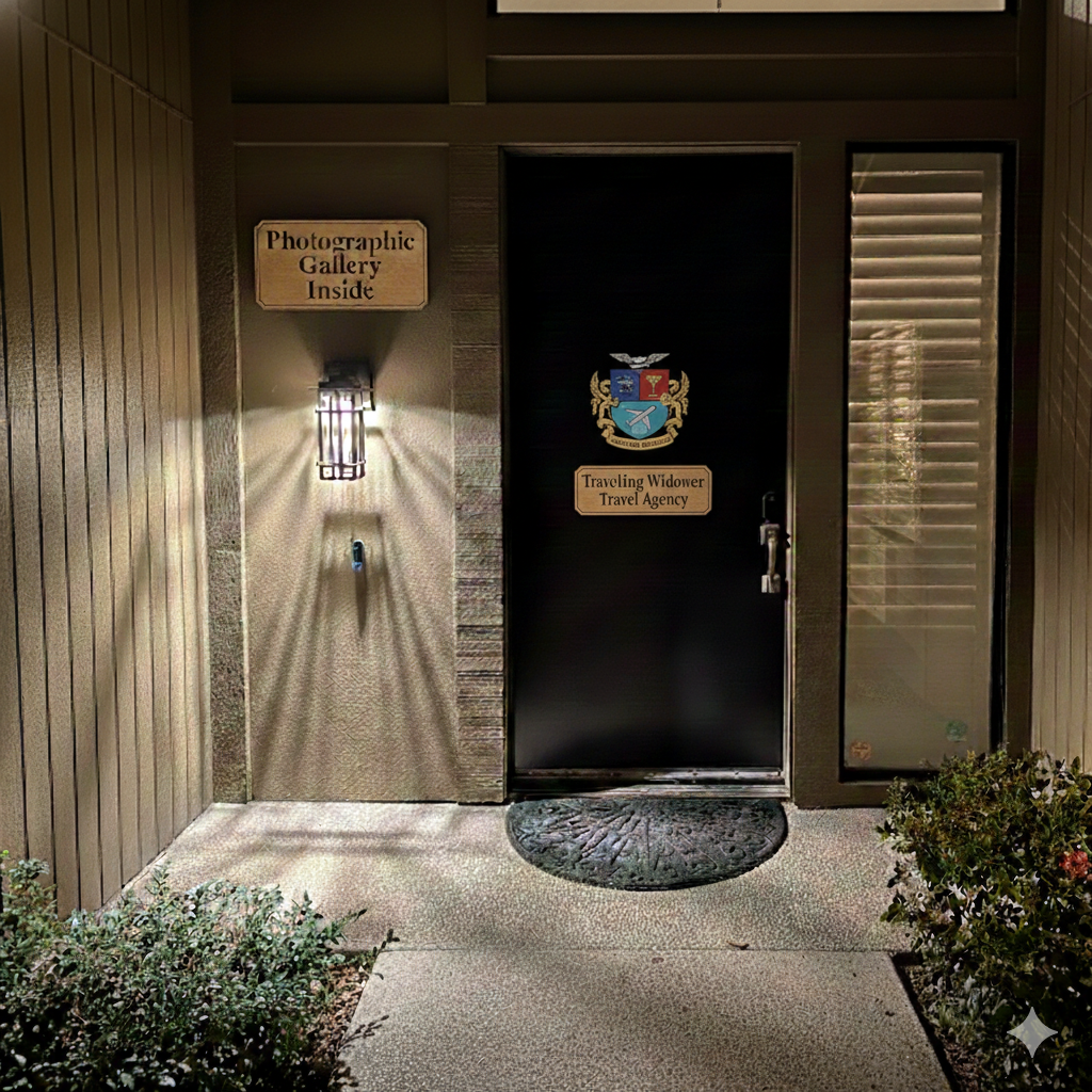 Entrance to the Traveling Widower Travel Agency featuring a dark door, a sign indicating 'Photographic Gallery Inside', and a decorative light fixture.