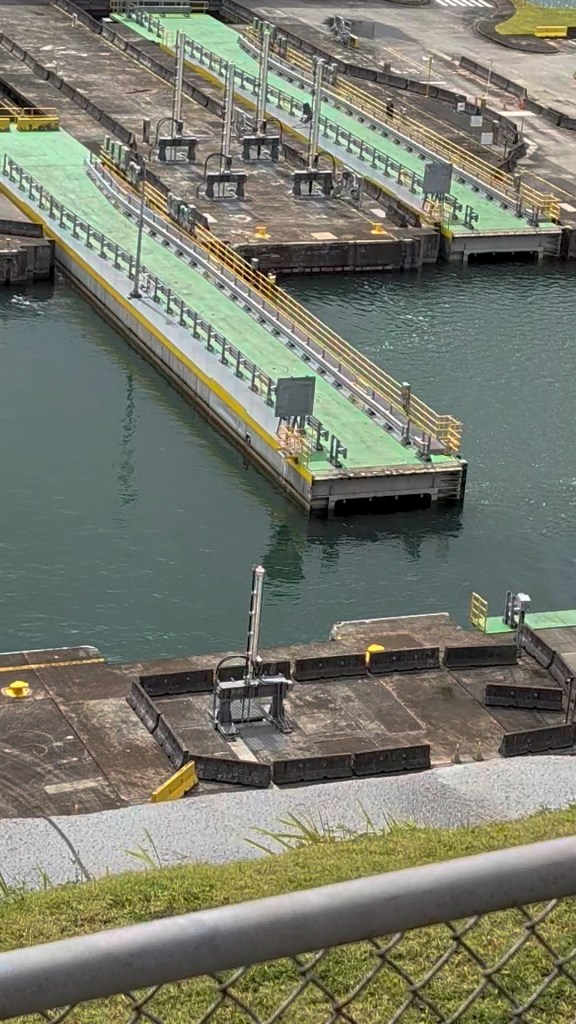 Overview of a docking area with multiple maintenance platforms and water channels, featuring green walkways and equipment structures.