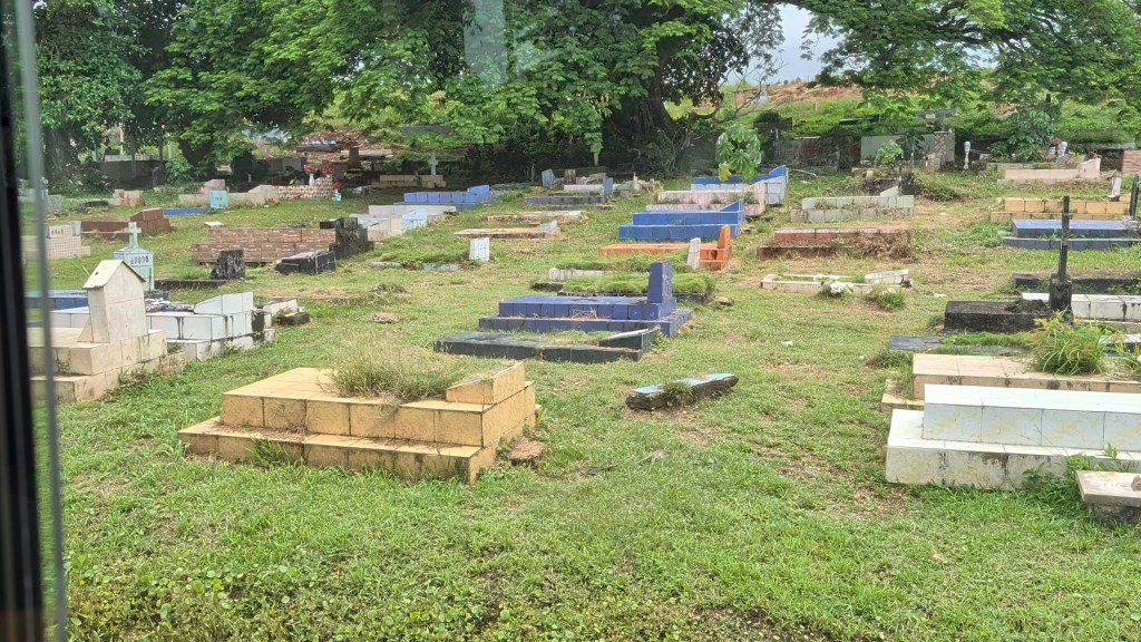 A view of a cemetery with various tombstones and grave markers surrounded by grass and trees.