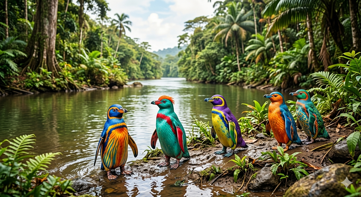 A group of colorful birds standing by the riverbank in a lush rainforest, with palm trees and greenery in the background.