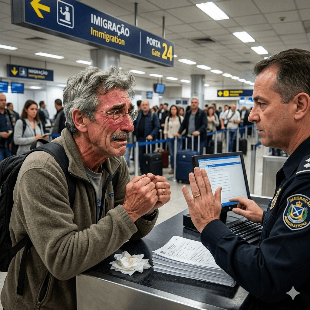 A distressed man with gray hair and glasses is speaking to an immigration officer at an airport, while a line of passengers waits in the background. The officer appears to be gesturing to the man, who is showing visible emotion.