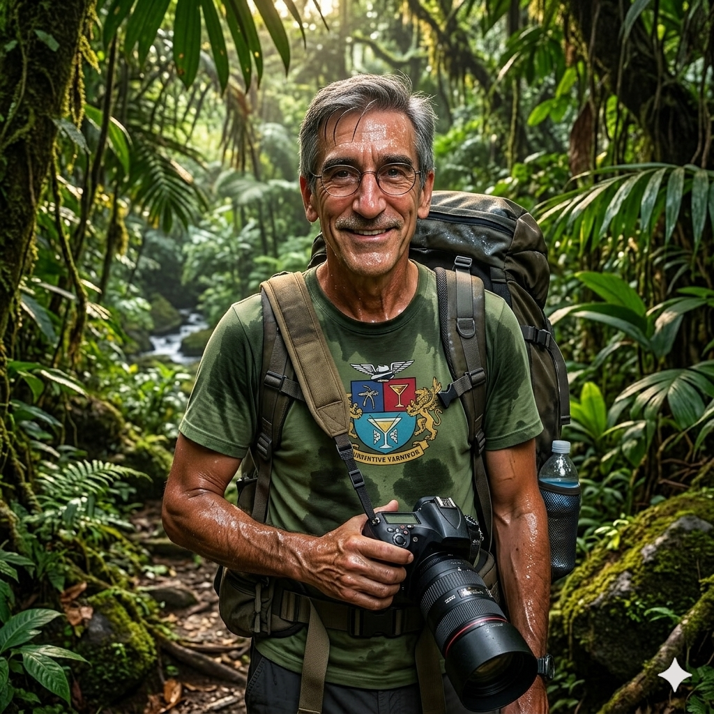 A smiling male photographer stands in a lush green jungle, wearing a t-shirt and carrying a backpack. He holds a camera in his hand and is surrounded by tropical foliage.