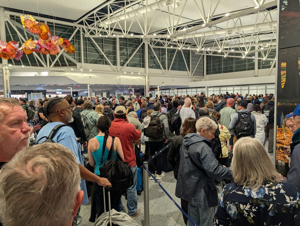 A large crowd of travelers waiting in line at an airport terminal, with various individuals carrying luggage and wearing different types of clothing.