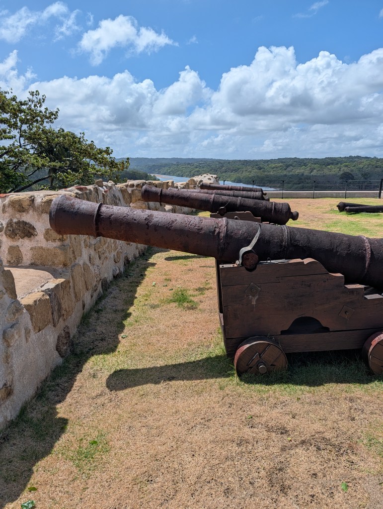 A row of historical cannons on a stone wall against a backdrop of blue sky and lush green hills.