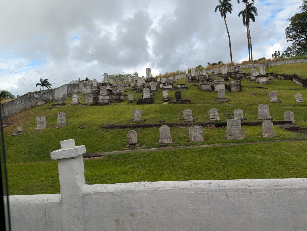 A hillside cemetery with numerous gravestones set on green grass, surrounded by a low white wall and palm trees under a cloudy sky.