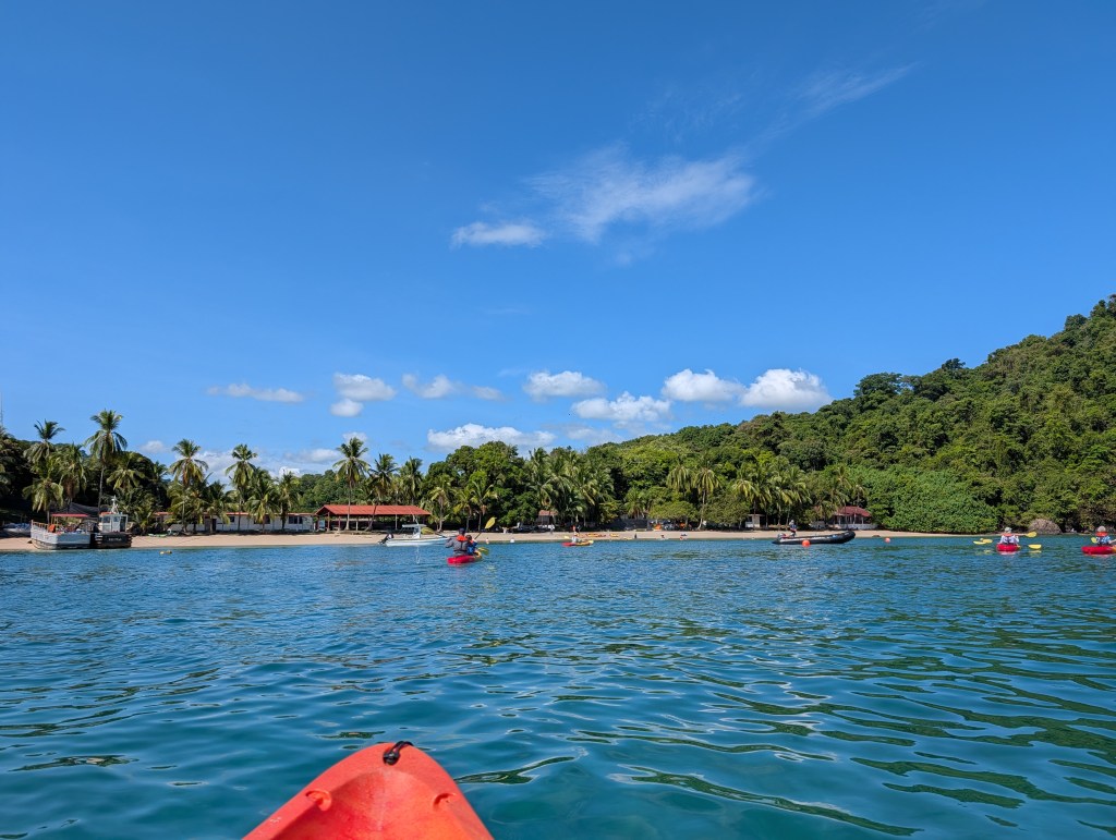 A scenic view of a calm beach with palm trees and clear water, taken from a kayak. Several people are kayaking in the background with boats and a sandy shore visible.