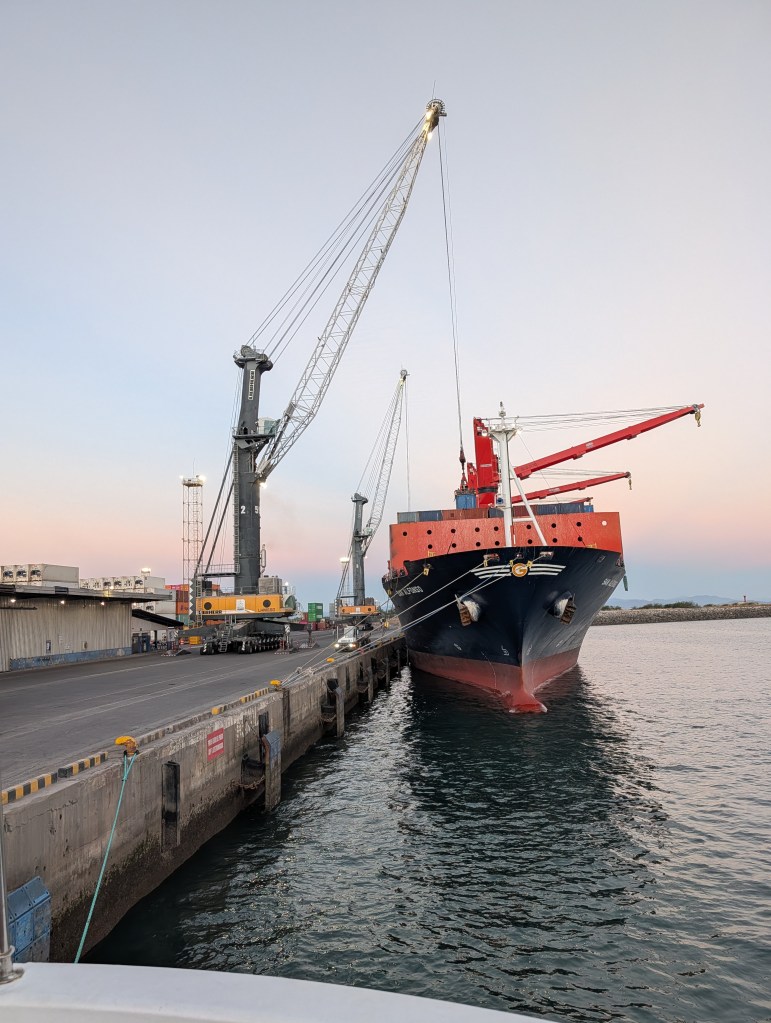 A cargo ship docked at a harbor with cranes, ready for unloading. The scene captures the ship's hull, the cranes, and a portion of the quay.