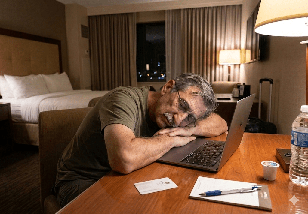 A man resting his head on a laptop at a desk in a hotel room, with a bed in the background and a water bottle on the table.