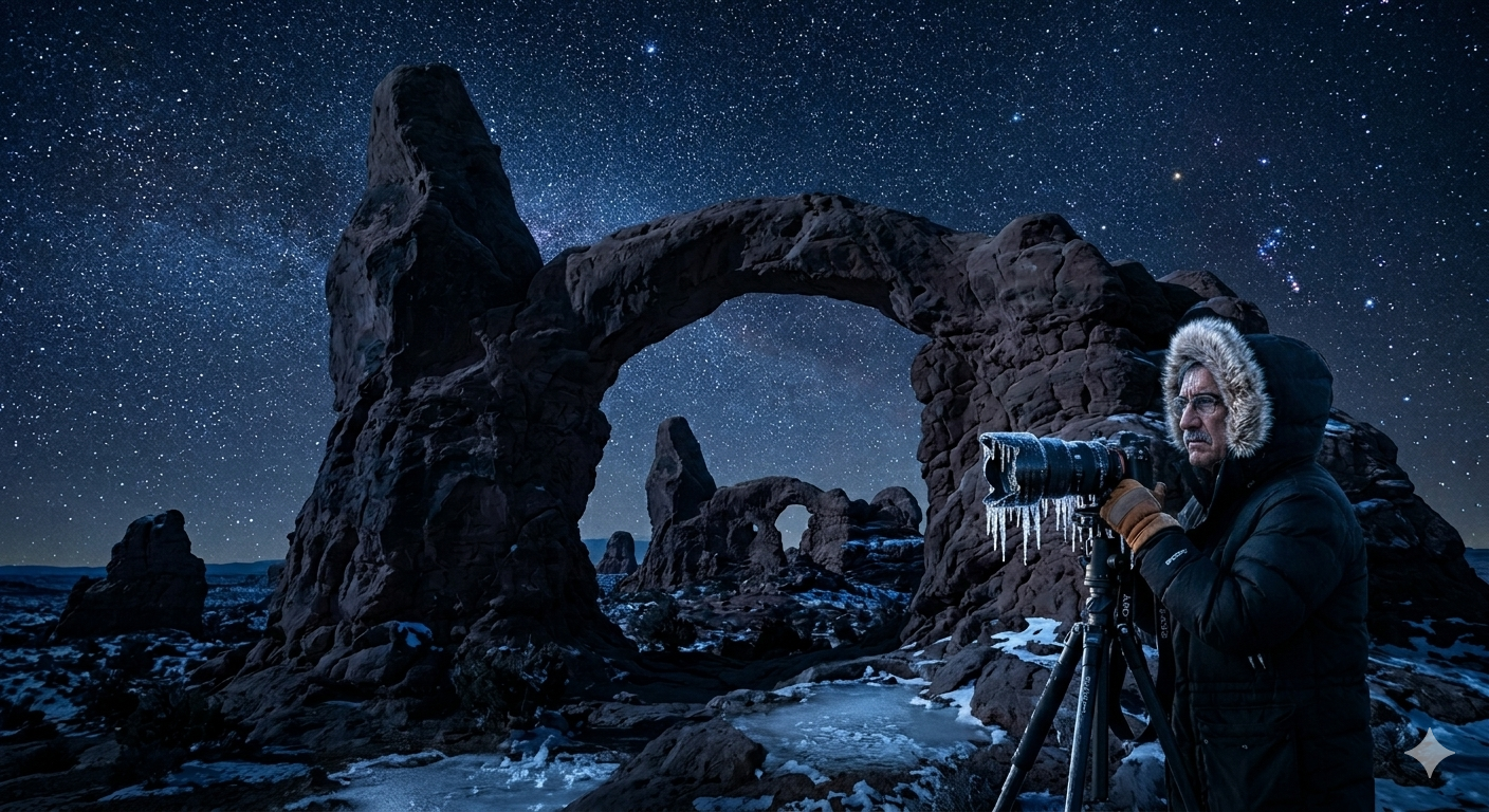 A photographer standing in a snowy landscape at night, capturing the Milky Way above a rock arch formation, with icicles hanging from his camera lens.