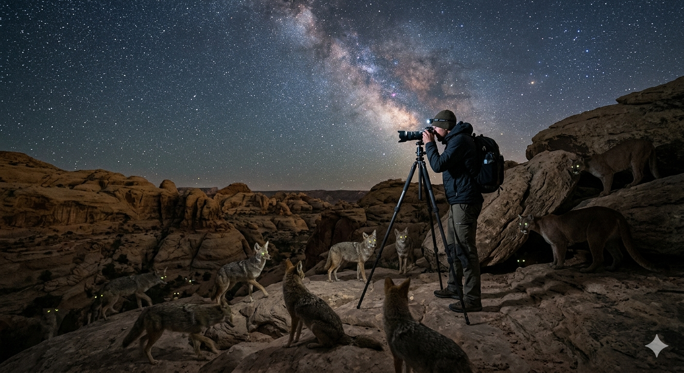 A photographer standing on rocky terrain at night, capturing the Milky Way, surrounded by coyotes with glowing eyes and a mountain lion in the background.