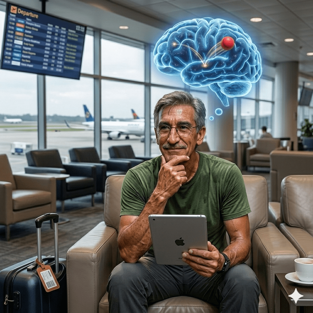 An older man sitting in an airport lounge, holding a tablet and pondering, with a thought bubble representing a brain above his head, suggesting he is engaged in deep thought or reflection.