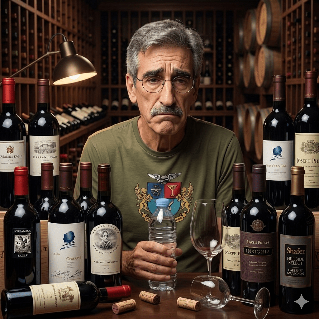 An older man sitting in front of a wine collection, looking somber, with various wine bottles and a glass of wine, set in a wine cellar.