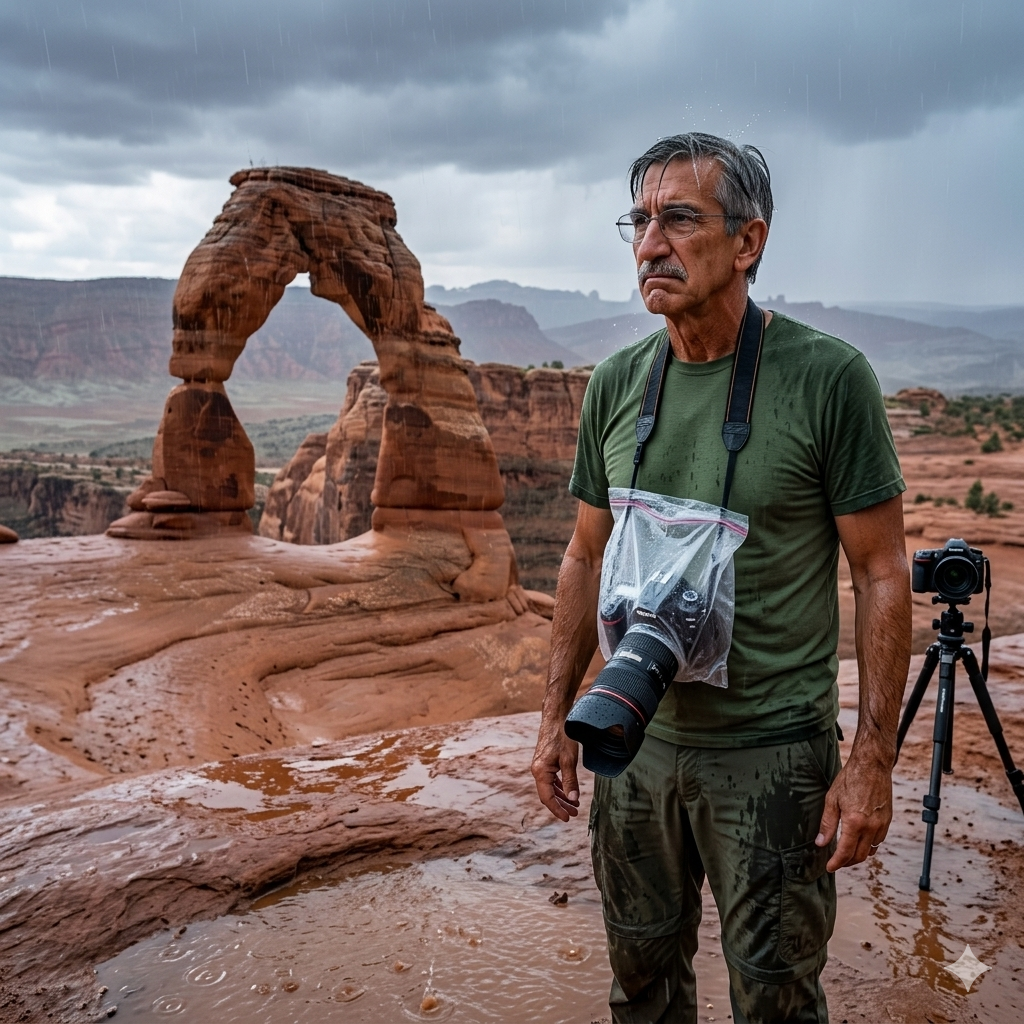 A man standing in front of Delicate Arch in a rain-soaked landscape, wearing a plastic cover over his camera, with another camera on a tripod nearby.