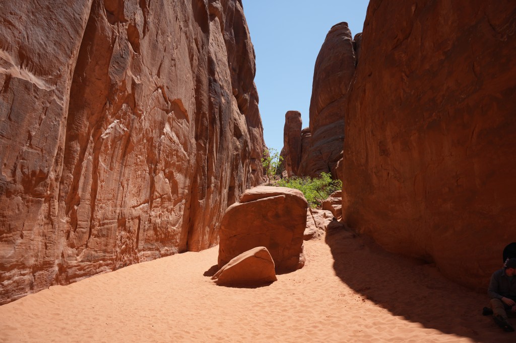 Narrow canyon with tall red rock walls and sandy ground, featuring a large boulder and green vegetation under a clear blue sky.