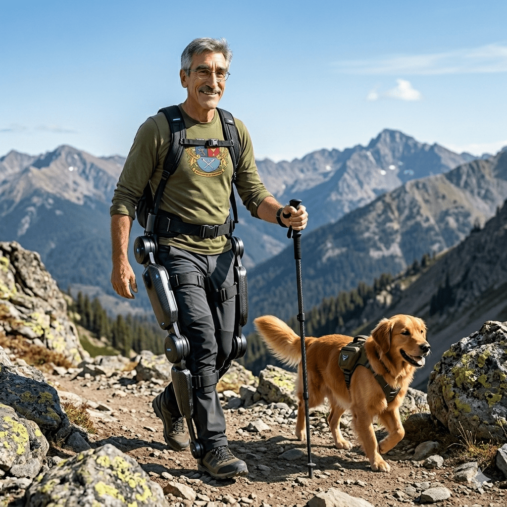 An elderly man wearing an exoskeleton and hiking gear walks along a rocky mountain path with a golden retriever dog, surrounded by a scenic landscape of mountains and trees.