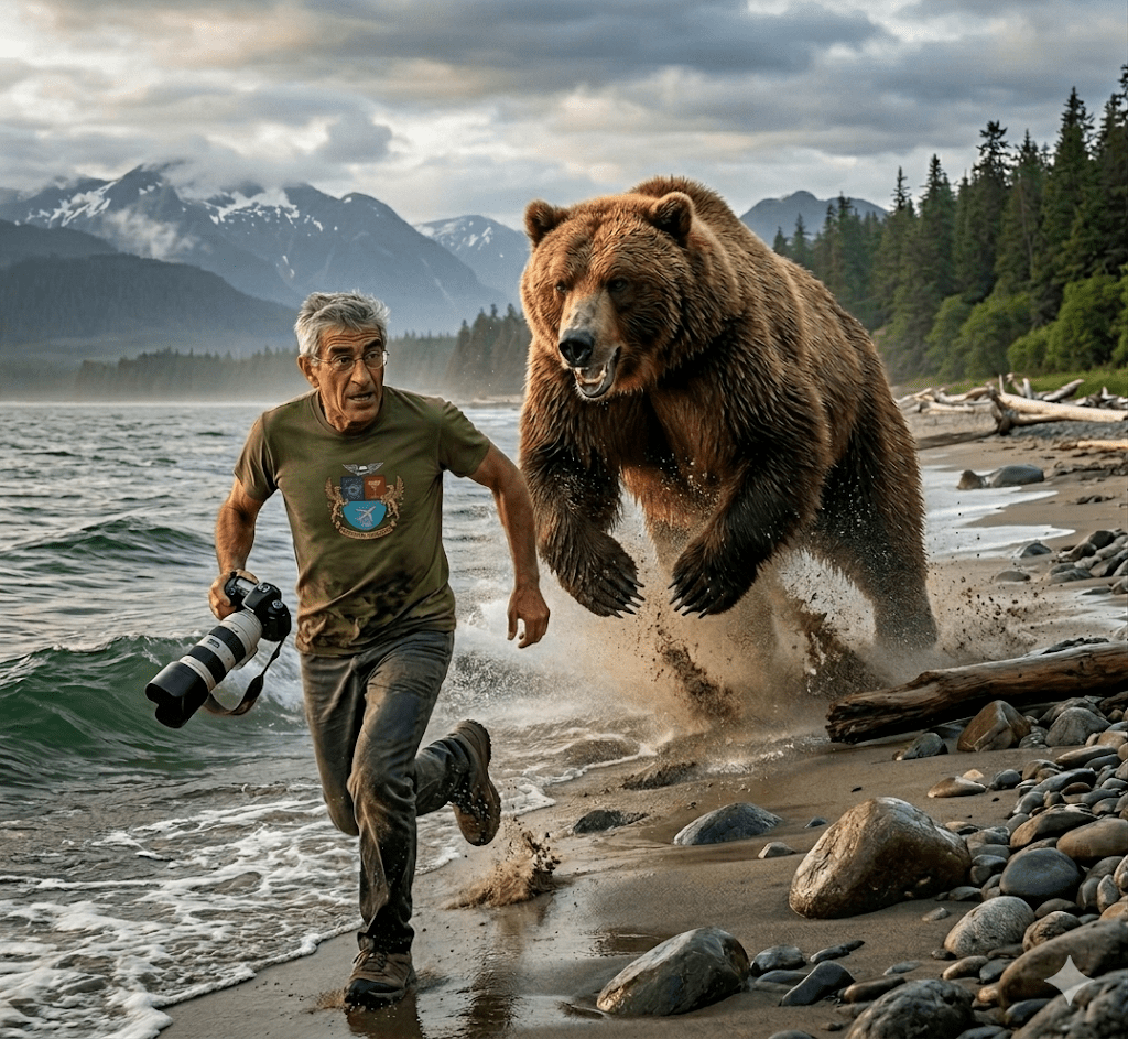 A man running along a beach, holding a camera, as a large grizzly bear charges toward him. The scene is set against a backdrop of mountains and a forested area.