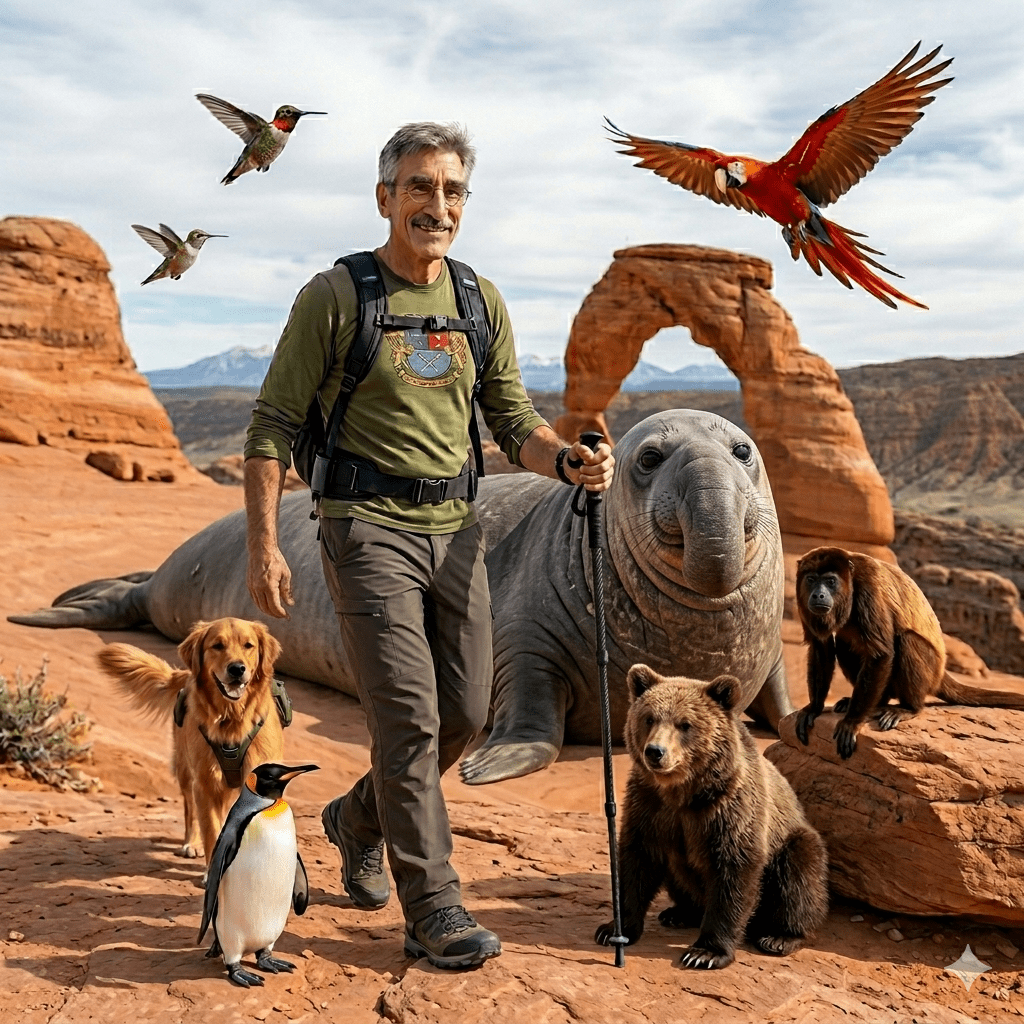 A smiling man with glasses walks on red rock terrain, accompanied by a golden retriever, a penguin, a bear, a seal, and a monkey, with colorful birds flying overhead and a natural arch in the background.