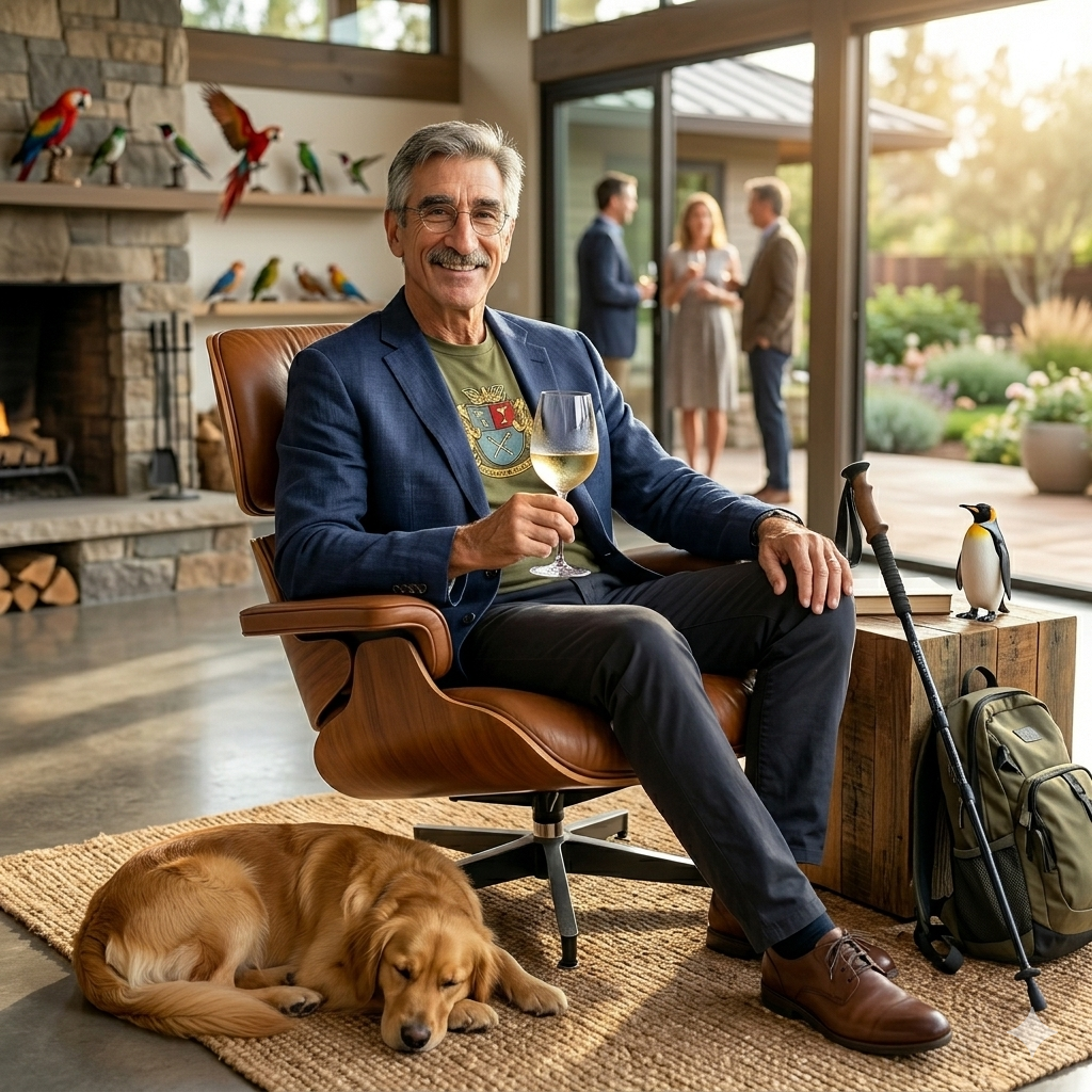 A relaxed older man sitting in a stylish chair, holding a glass of white wine, with a golden retriever sleeping beside him on a rug. A penguin figurine is on a nearby wooden crate. In the background, two couples are socializing in a modern living space with large windows and a fireplace.