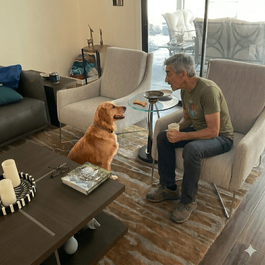 A man sitting in a chair with a mug talking to a golden retriever in a living room, featuring comfortable furniture and a coffee table with books and candles.