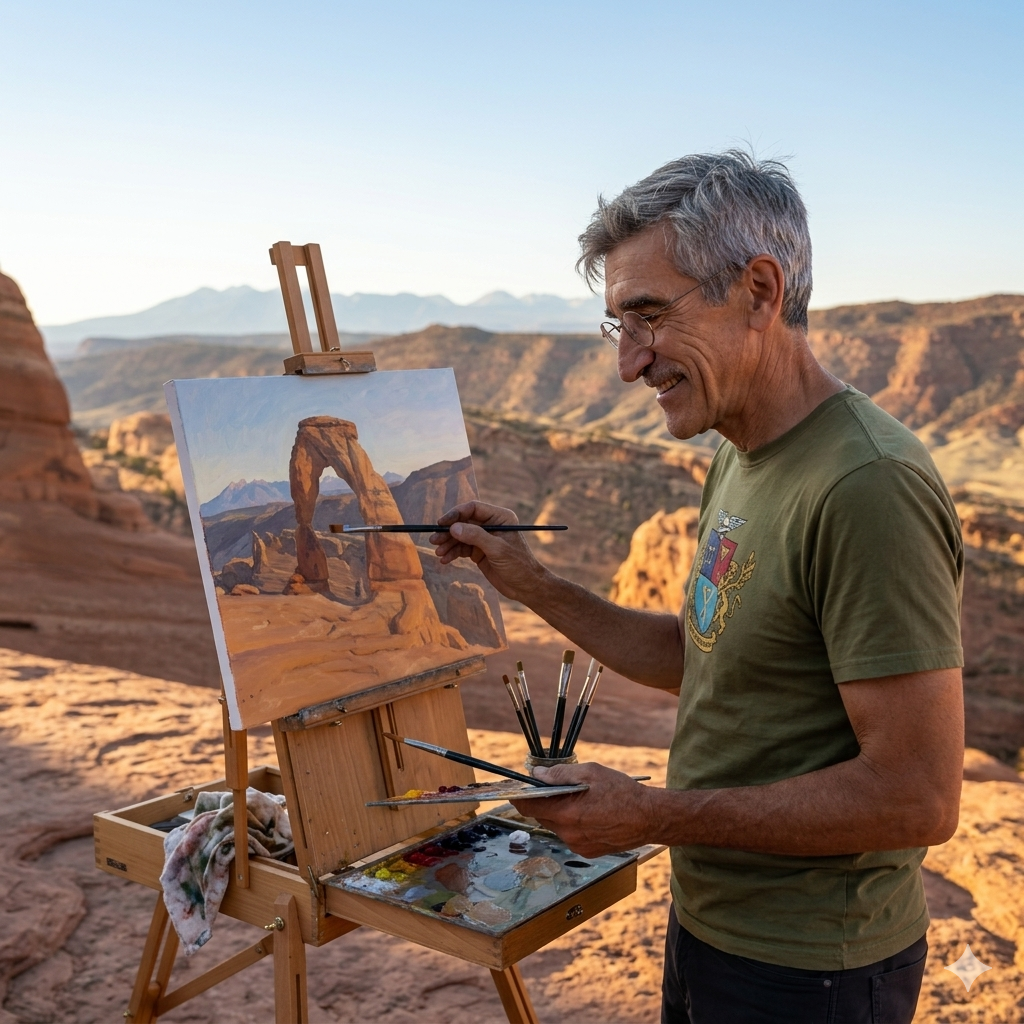 A man painting a landscape of an arch rock formation on an easel outdoors, smiling as he holds a paintbrush.