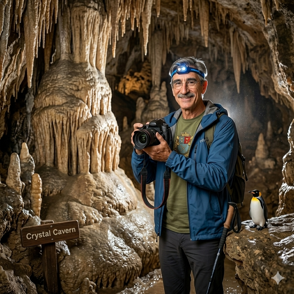 A man with glasses and a headlamp stands in a cave, holding a camera with stalactites and stalagmites in the background. A penguin is beside him, and a sign labeled 'Crystal Cavern' is visible.