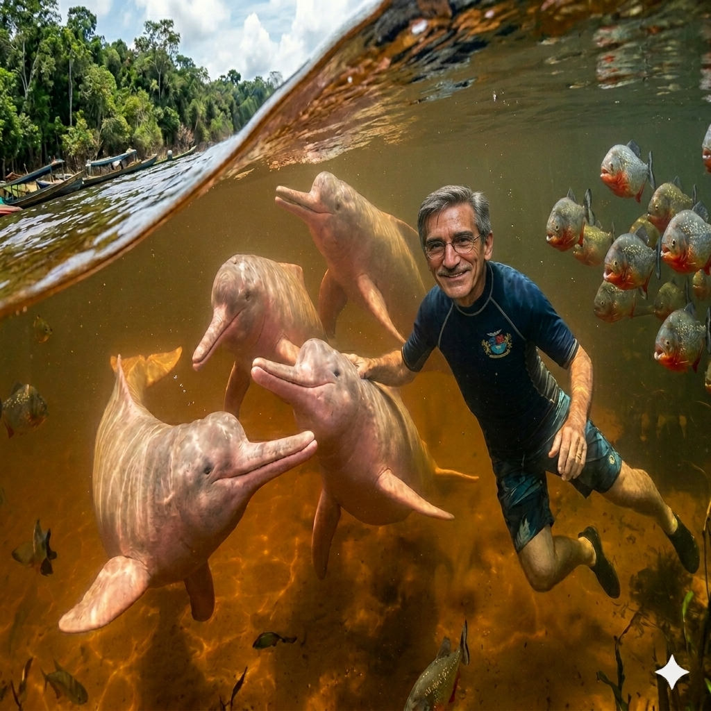 A person swimming in murky water with several pink river dolphins, surrounded by fish and a lush green forest in the background.