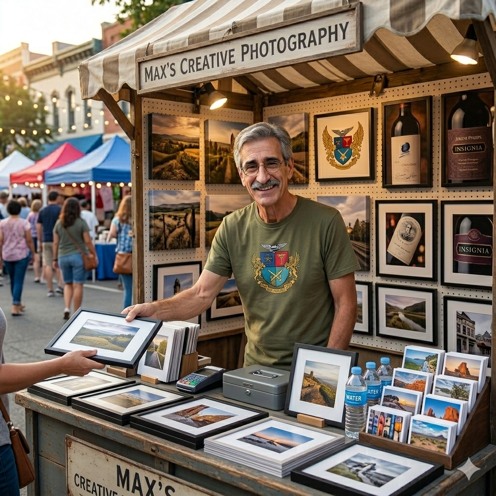 An elderly man with gray hair smiles at the camera while showcasing framed photographs at a booth named 'Max's Creative Photography'. The stall features various pictures and greeting cards, with colorful market stalls visible in the background.