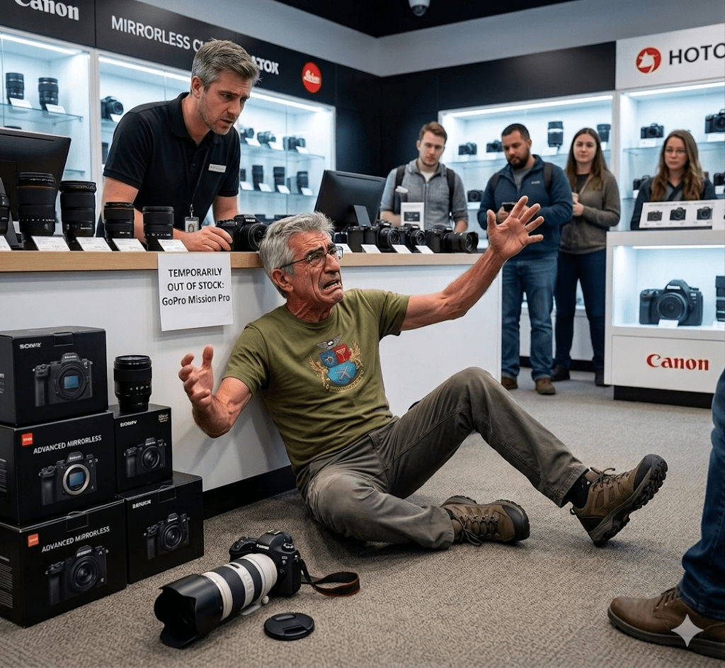 An older man sitting on the floor in a camera store, expressing frustration with his hands raised, surrounded by onlookers. A sign reads 'Temporarily Out of Stock: GoPro Mission Pro' near various camera products displayed.
