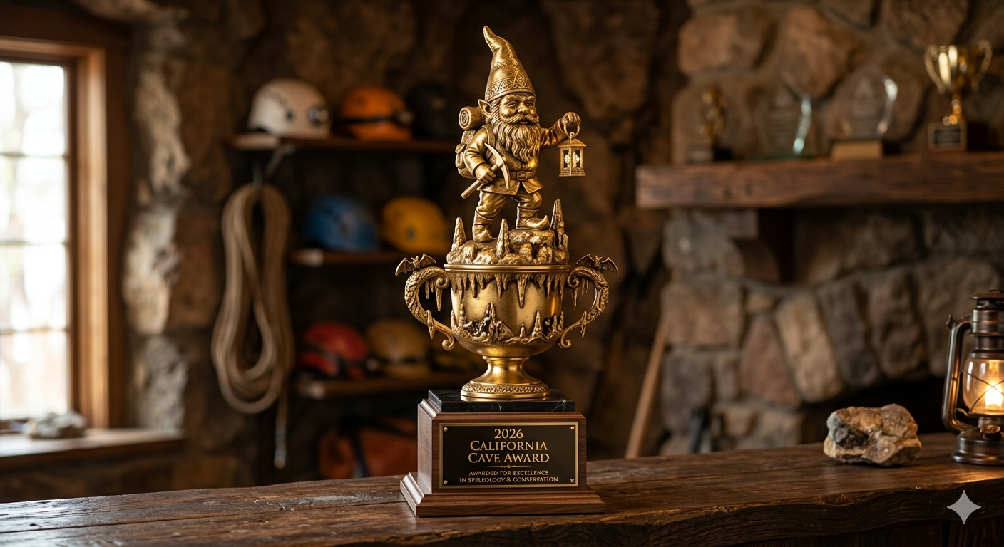 A gold trophy featuring a gnome holding a lantern, atop a decorated cup with stalagmites, recognized as the 2026 California Cave Award for excellence in speleology and conservation.