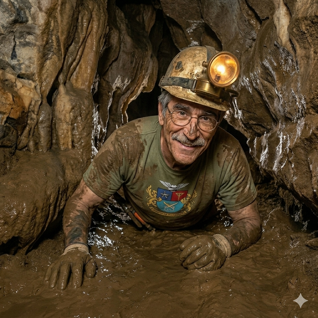 A smiling miner in a helmet with a headlamp, crawling through a muddy cave.