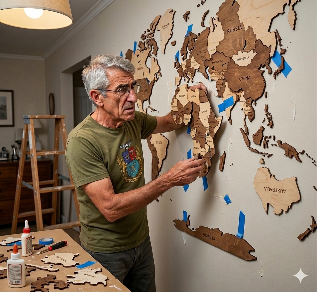 An older man carefully affixes a wooden map of the world to a wall, focusing on the African continent. The map pieces are held in place with blue tape, and crafting supplies are visible on a table nearby.