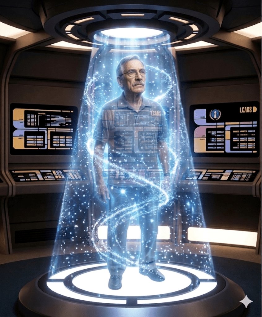 A man materializing in a futuristic transporter beam surrounded by swirling light and particles, set in a sci-fi environment with control panels in the background.