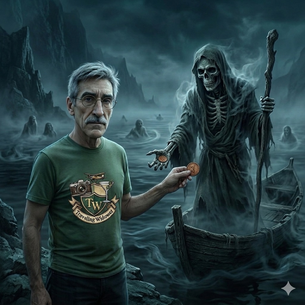 A man in a green t-shirt holding coins stands by a boat, facing a skeletal figure in a hooded cloak reaching out with a bony hand. The background features foggy water and ghostly figures, creating a dark, mysterious atmosphere.
