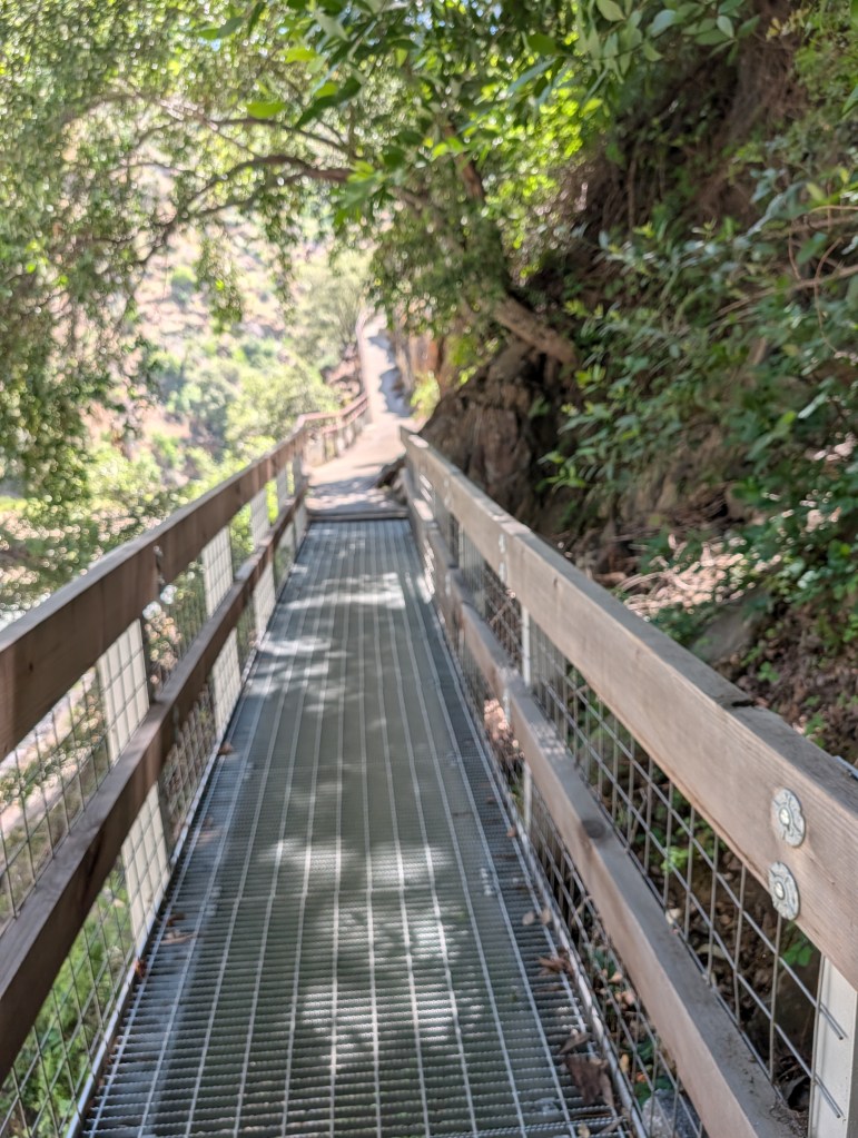 A narrow walking path made of metal grating, surrounded by lush greenery and trees, leading into a natural landscape.