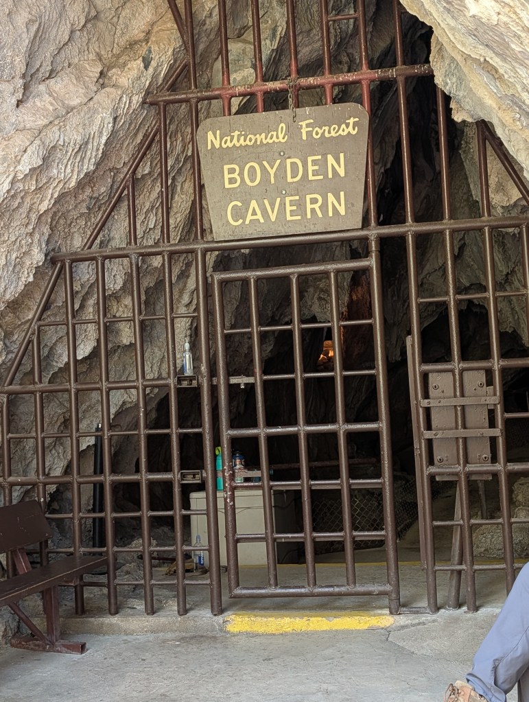 Entrance to Boyden Cavern in a national forest, featuring a metal gate and a sign indicating the cavern's name.