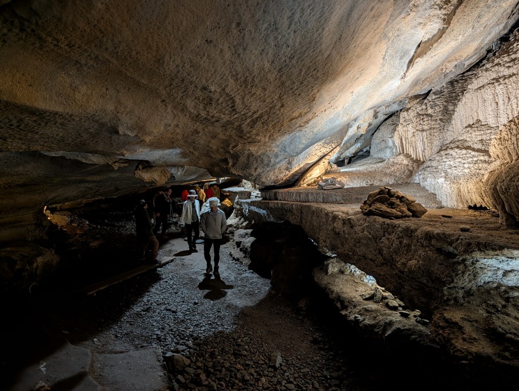 Visitors exploring a cavern with textured rock formations and subtle lighting.