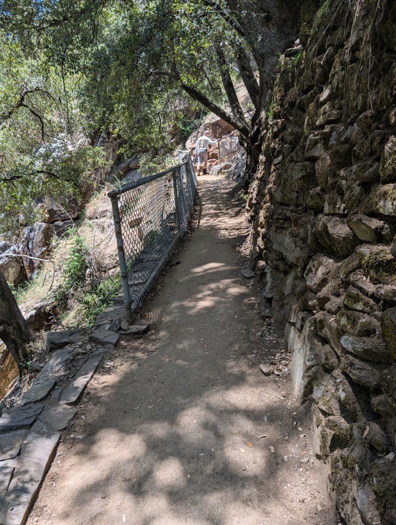 Narrow dirt path bordered by a chain-link fence and rocky terrain, surrounded by trees and shaded by foliage.