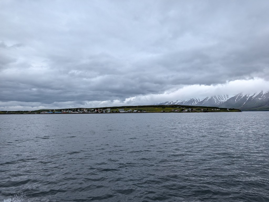 A scenic view of a coastal area featuring a small town along a shoreline, with a backdrop of mountains under a cloudy sky.