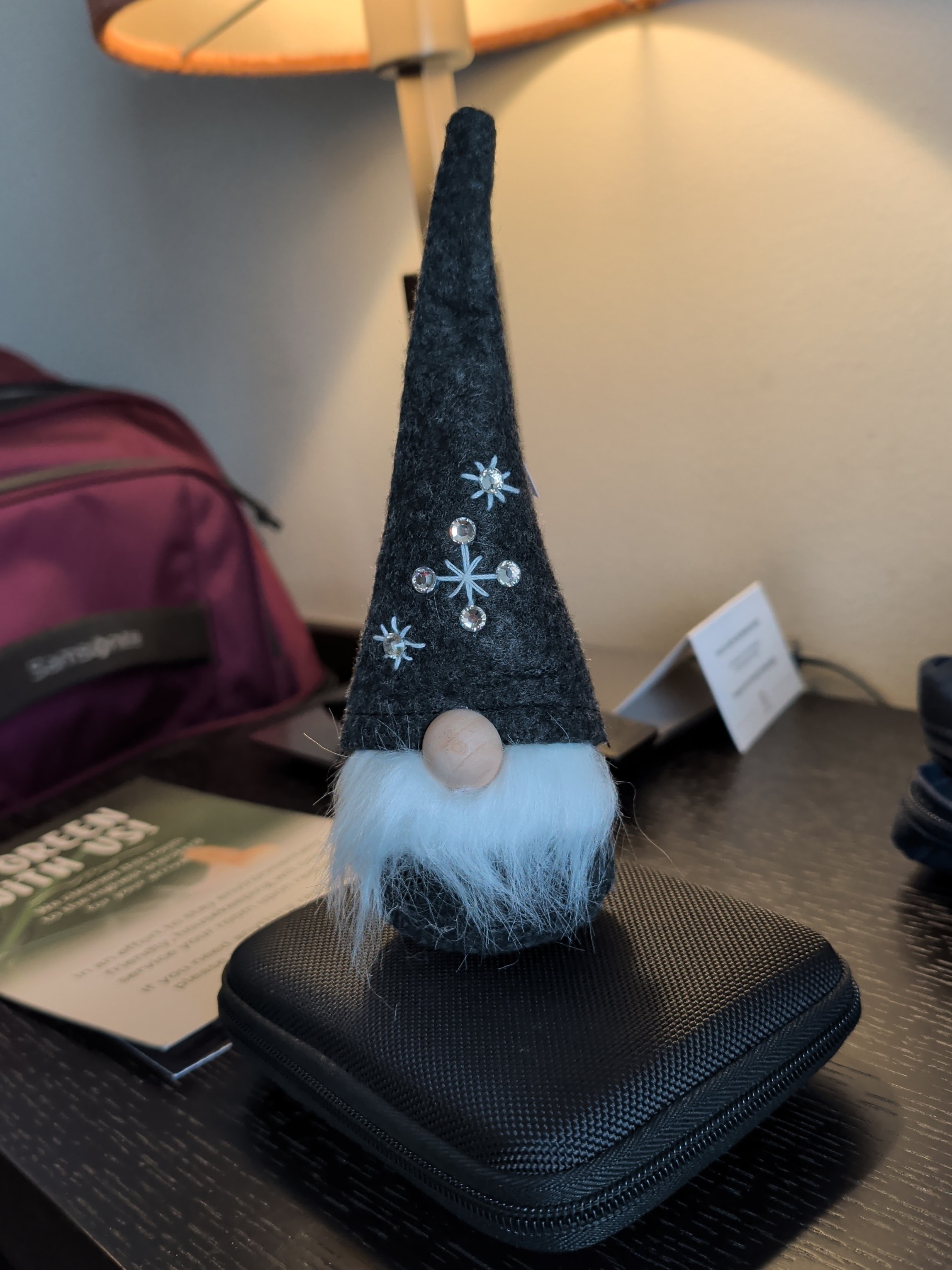 A decorative grey gnome with a tall pointy hat adorned with snowflake designs and a white beard, sitting on a black textured case, with a lamp and other items in the background.
