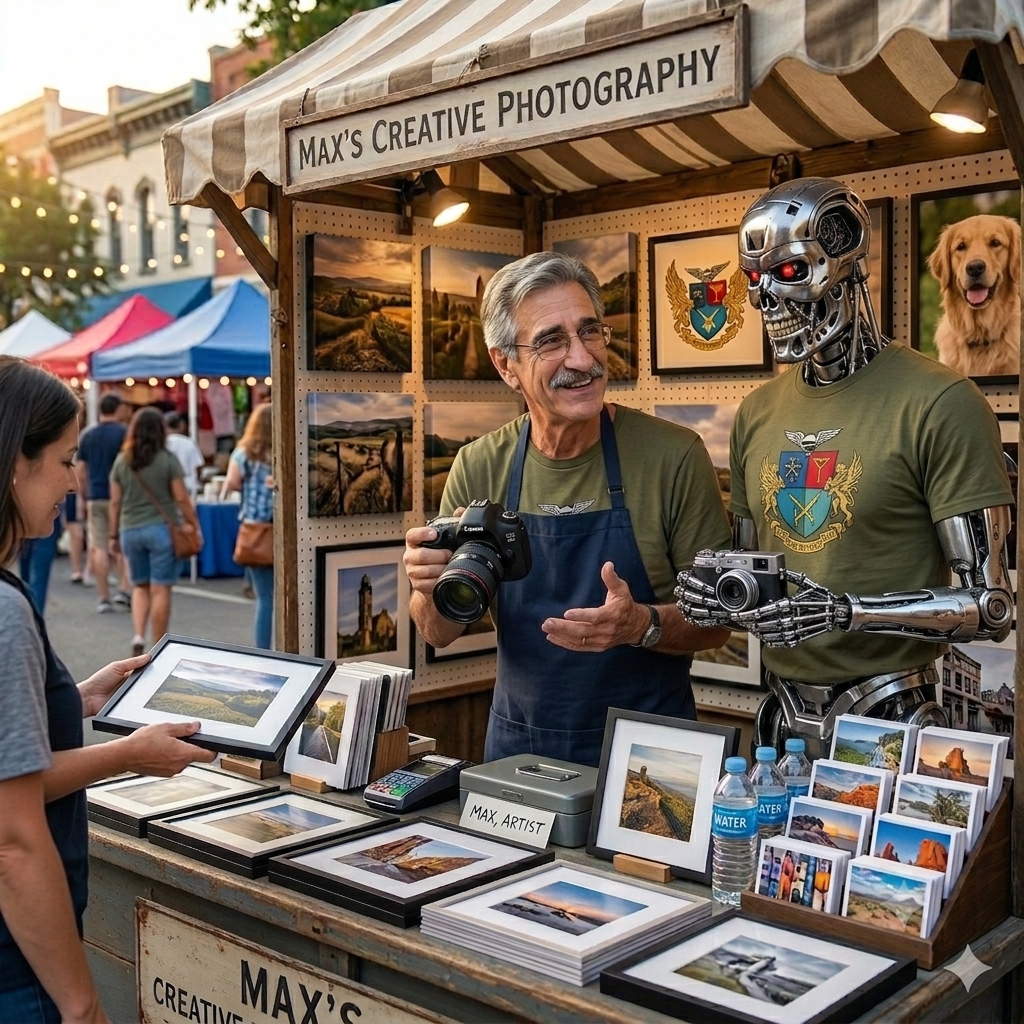 A photography booth at a market featuring a smiling man and a humanoid robot. The man holds a camera while discussing framed photographs displayed on the table. The booth is labeled 'Max's Creative Photography,' with various prints and water bottles visible.