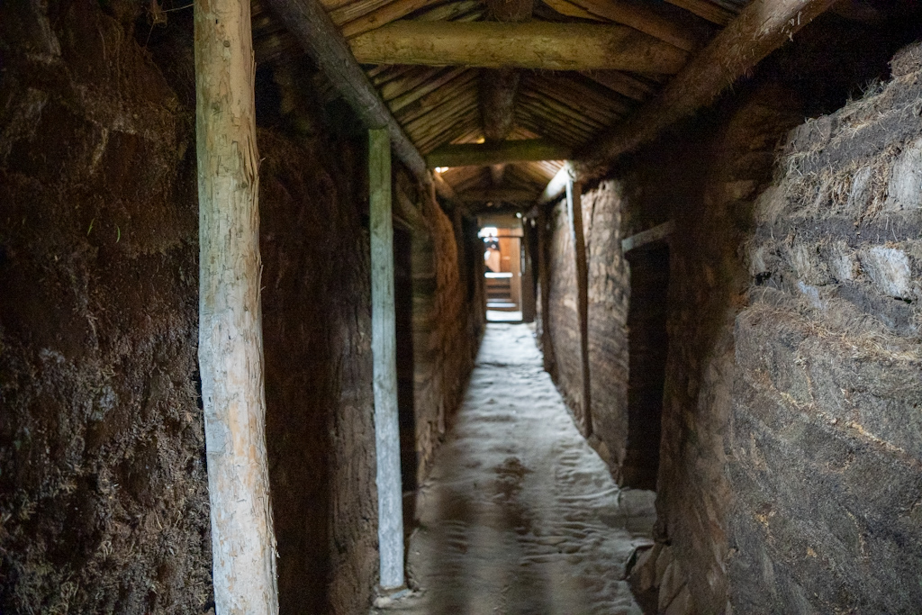 A long, narrow hallway made of earth and wooden beams, featuring a dirt floor and a thatched roof, leading to a lighted entrance.