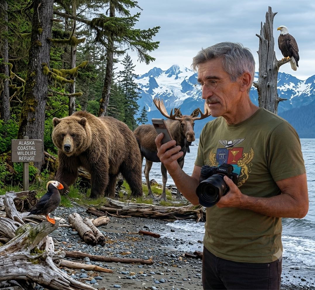 A man with gray hair holds a smartphone and a camera near a shoreline, surrounded by wildlife including a brown bear, a moose, a puffin, and a bald eagle. A sign indicating 'Alaska Coastal Wildlife Refuge' is visible among the trees and mountains in the background.