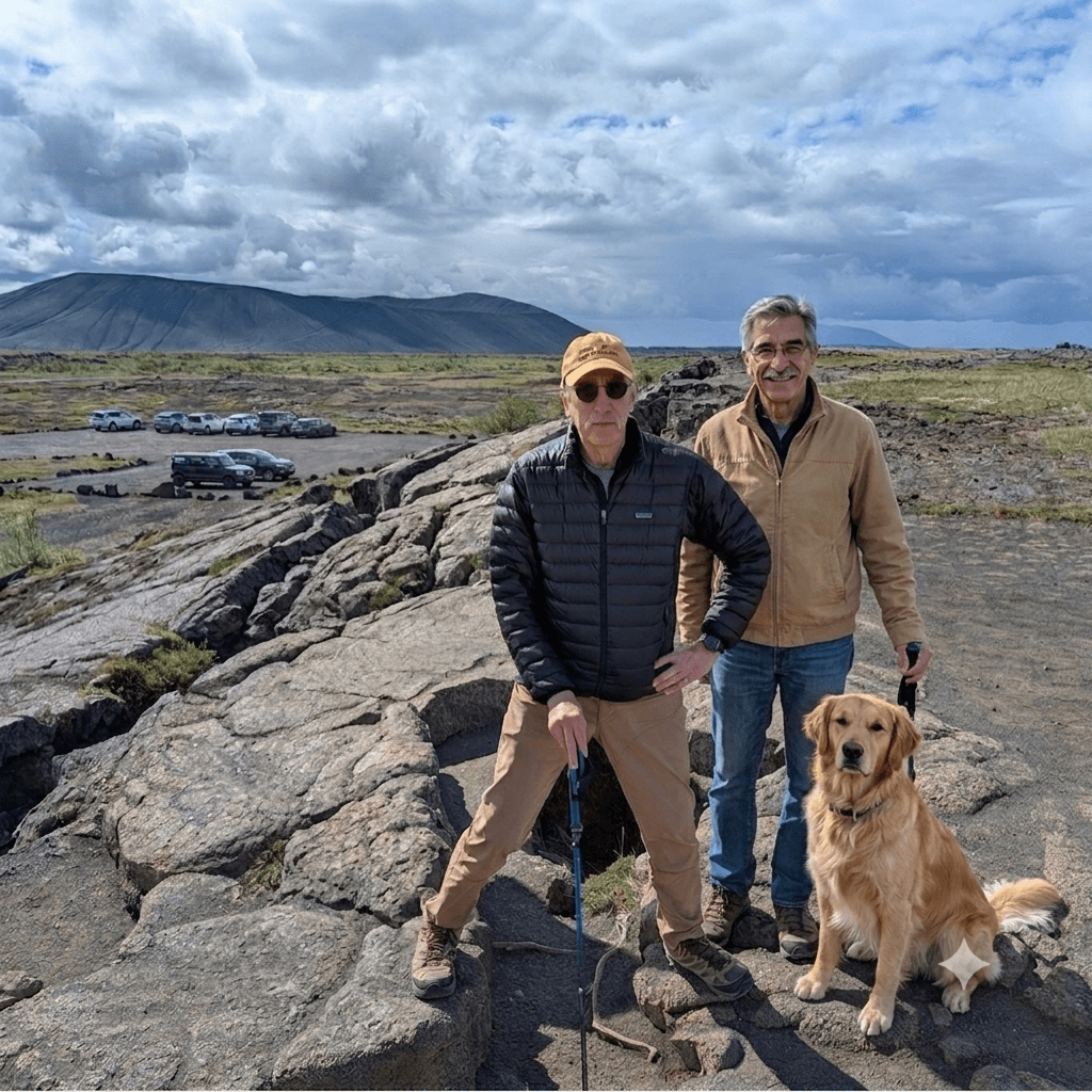 Two men and a golden retriever standing on rocky terrain with mountains and a cloudy sky in the background.