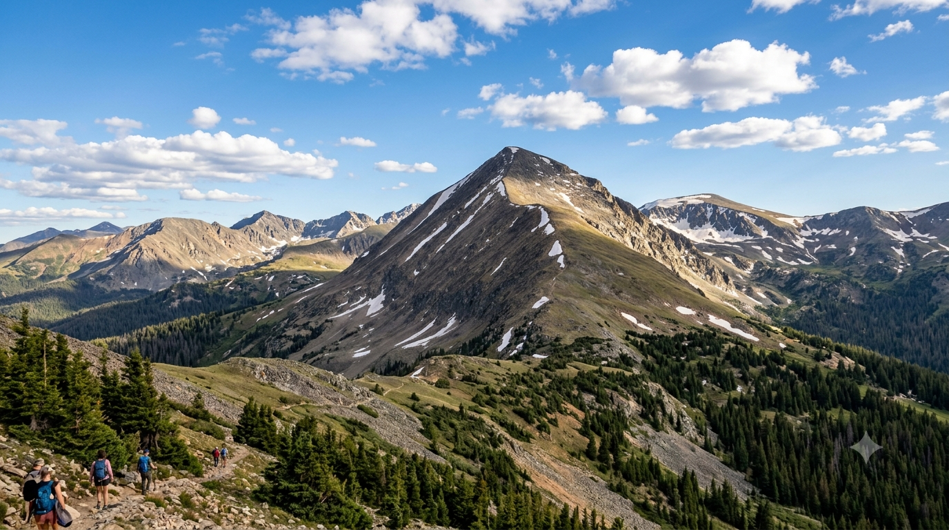 Scenic mountain landscape with hikers on a rocky trail, surrounded by lush greenery and snow-capped peaks under a blue sky with clouds.