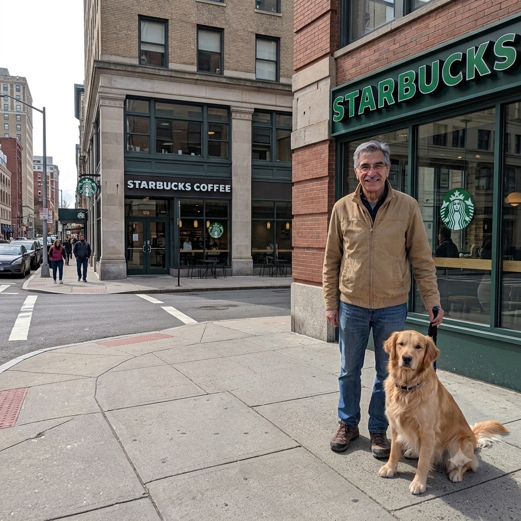 An older man in a tan jacket stands on the sidewalk beside a golden retriever dog, in front of a Starbucks coffee shop in an urban setting.